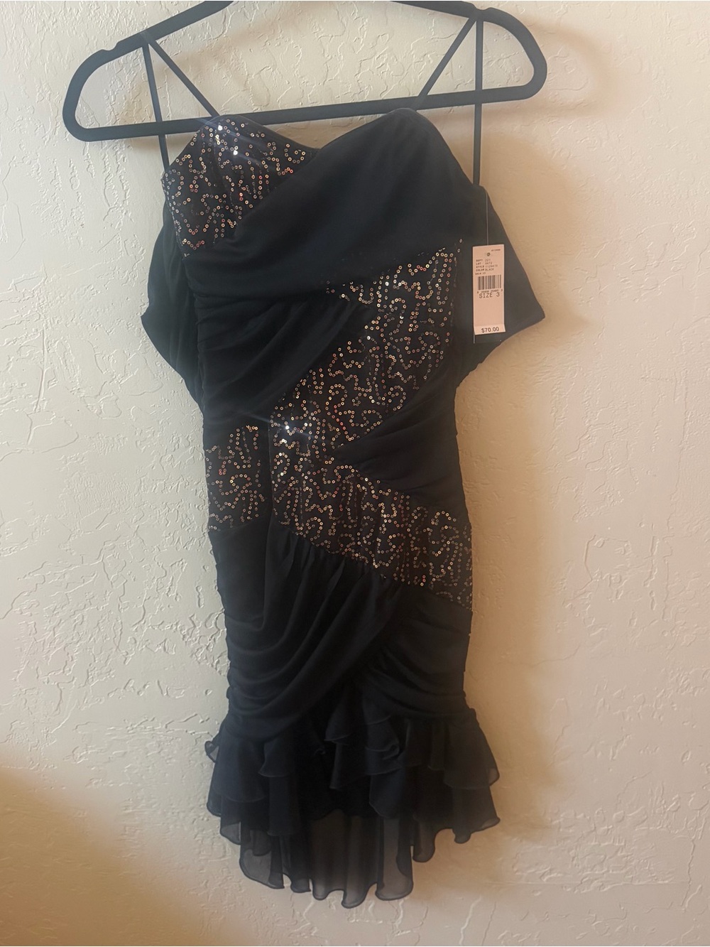 NWT Black Gold Sequin Ruched Bodycon Mini Dress Size